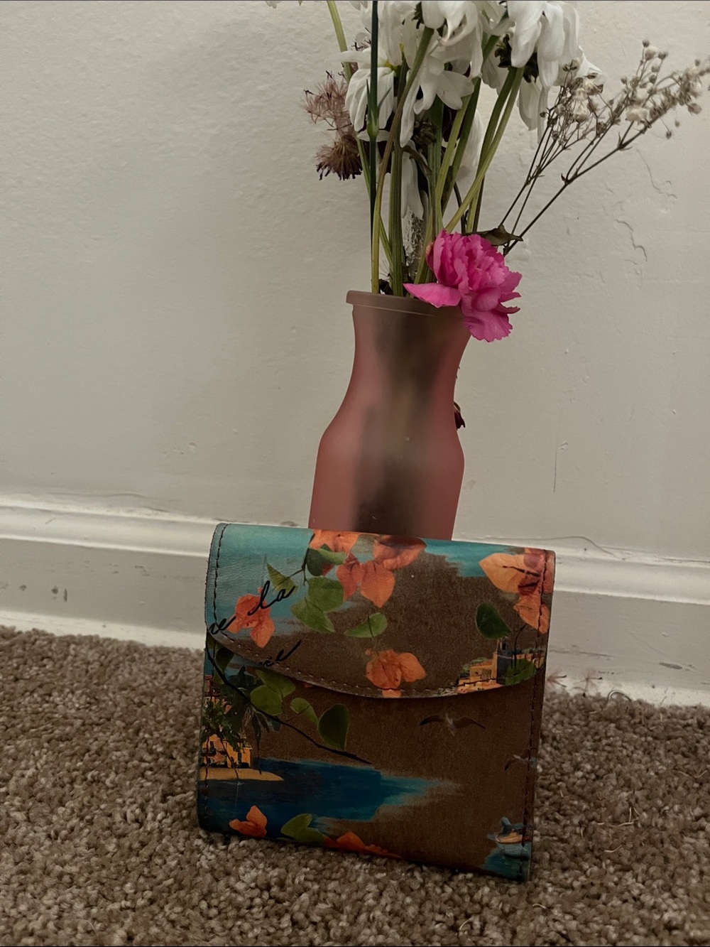 Floral Print Fold-Over Wallet in Brown and Teal